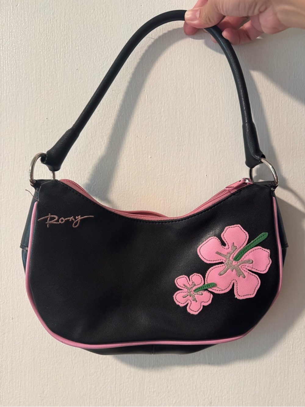 Y2K Roxy Black Shoulder Bag with Pink Floral Accent